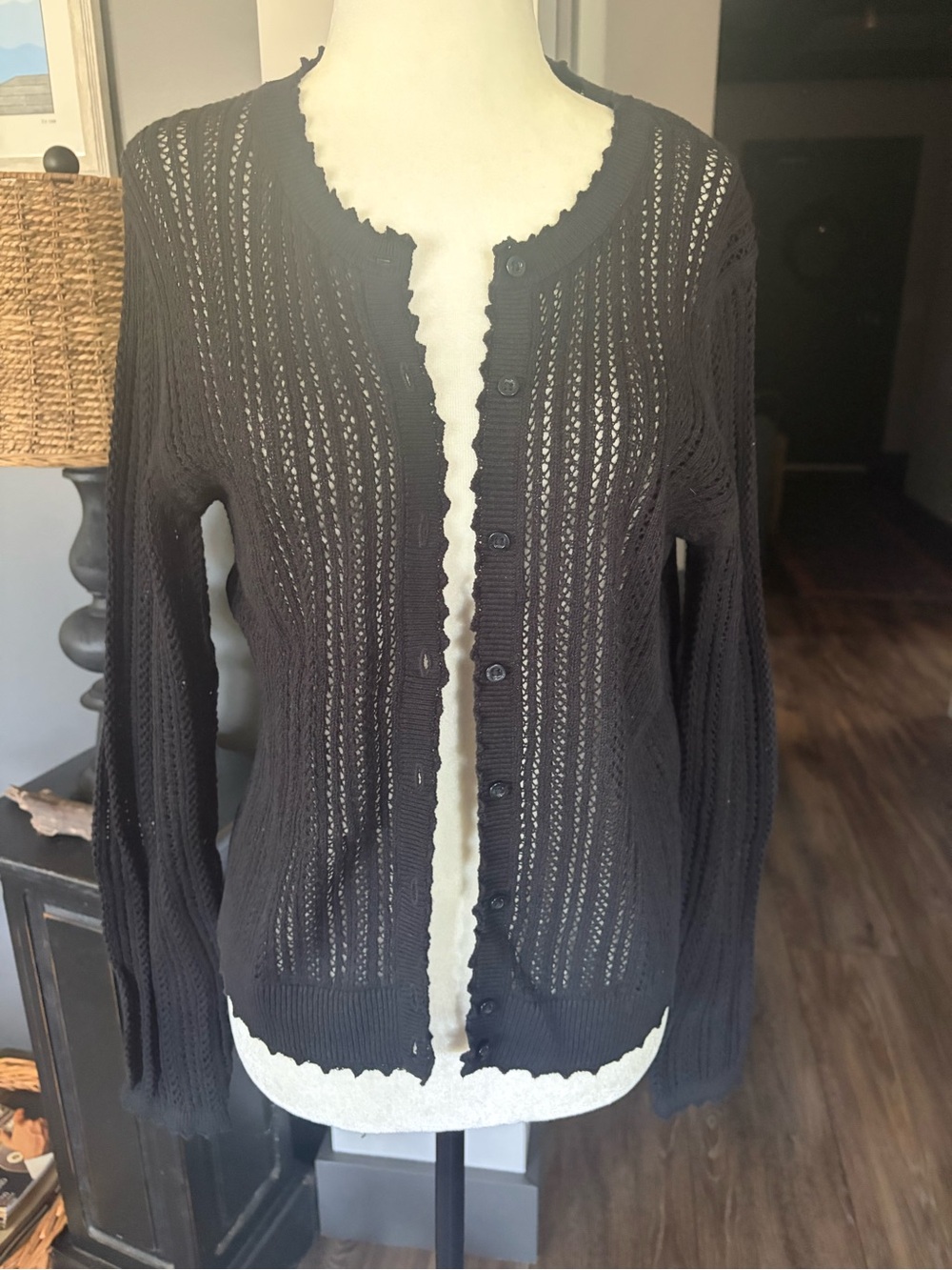 GAP Black Open-Knit Scalloped Crewneck Cardigan